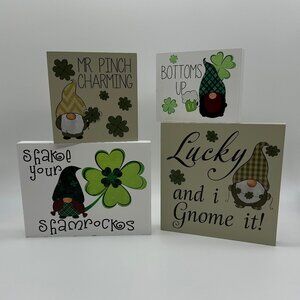 St. Patrick’s Day Gnome Wood Sign Set (4-Piece) | Shamrock Decor | NEW